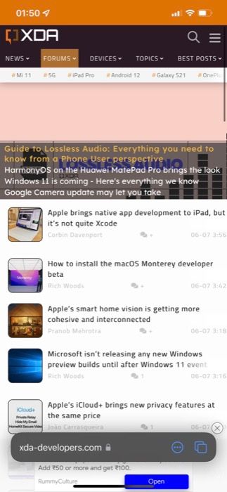 Safari new UI on iOS 15 showing the XDA homepage