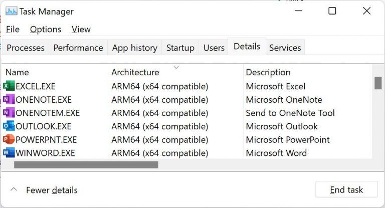 Task manager showing Office apps running in ARM64 Emulation Compatible mode