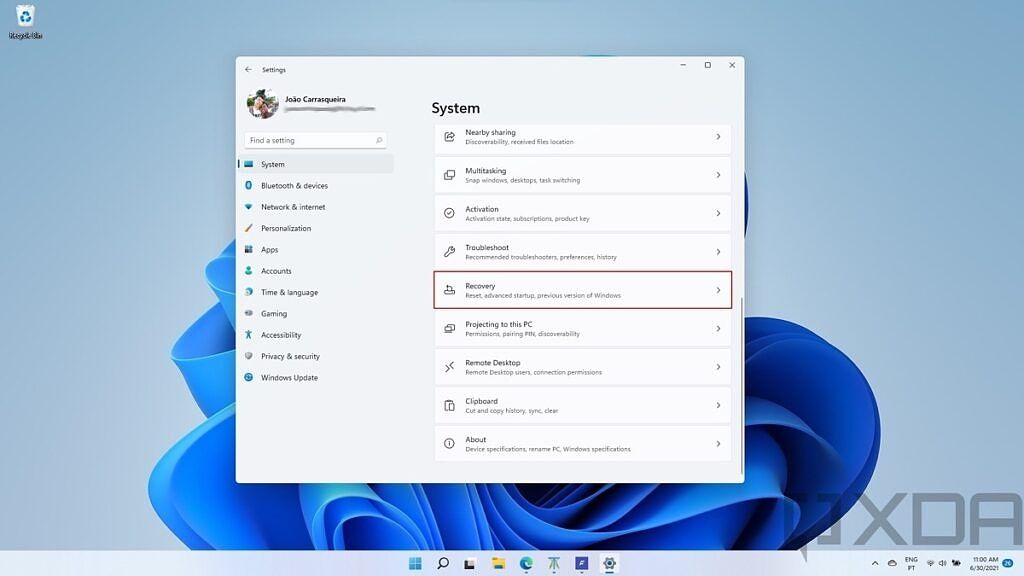 Recovery options in the Windows 11 Settings app