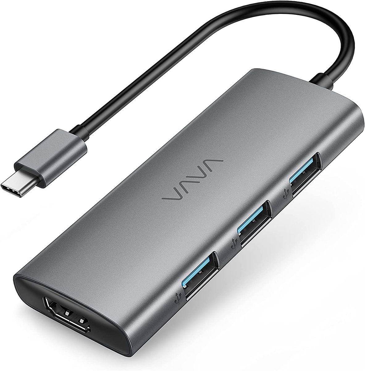 Thunderbolt docks are great for the office, but when traveling, you may just want a compact hub that gives you a few extra ports. This VAVA USB-C hub includes three USB 3.0 ports, HDMI, and power delivery in a compact package.