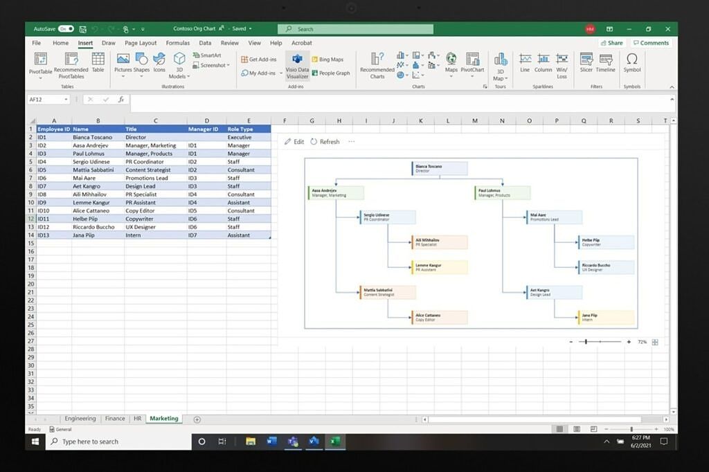 A Visio diagram generated on an Excel spreadsheet