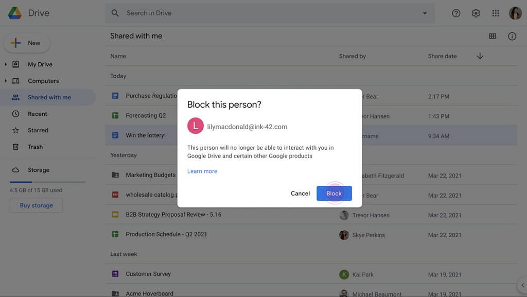 Blocking a user on Google Drive