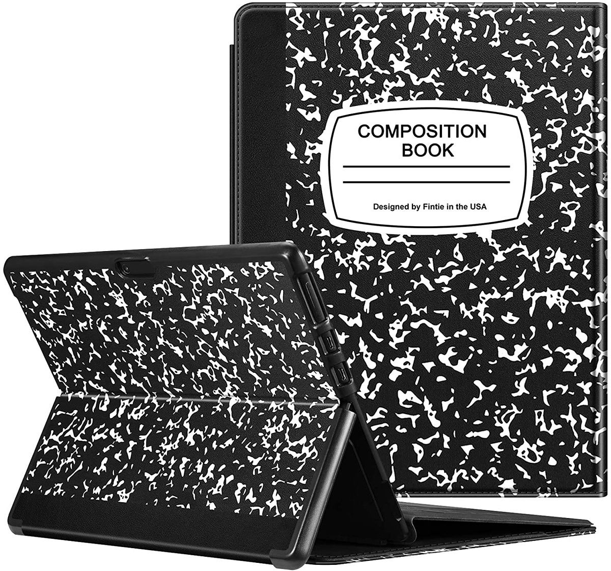 This is another hard-shell folio case that wraps around the Surface Pro X. It has cutouts for everything you need and a holder for the Surface Pen. It also comes in a couple of different designs to suit your taste, including notebook-style look.