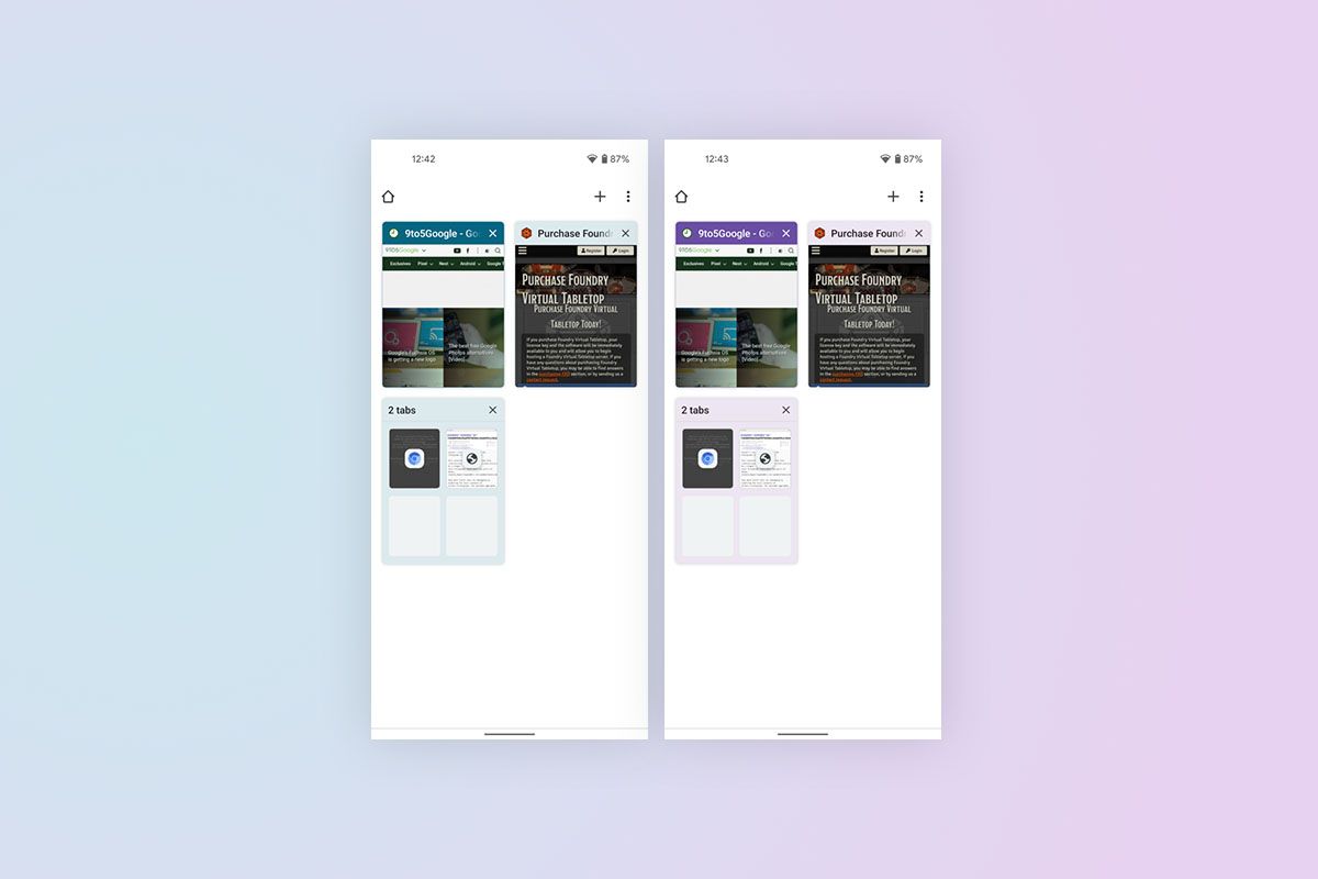 Google Chrome Material You theming grid tab switcher to purple and aqua