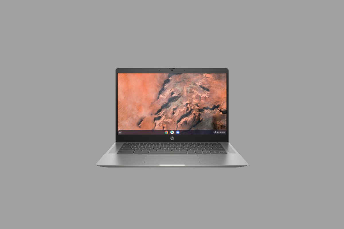 HP Chromebook 14b on gray background