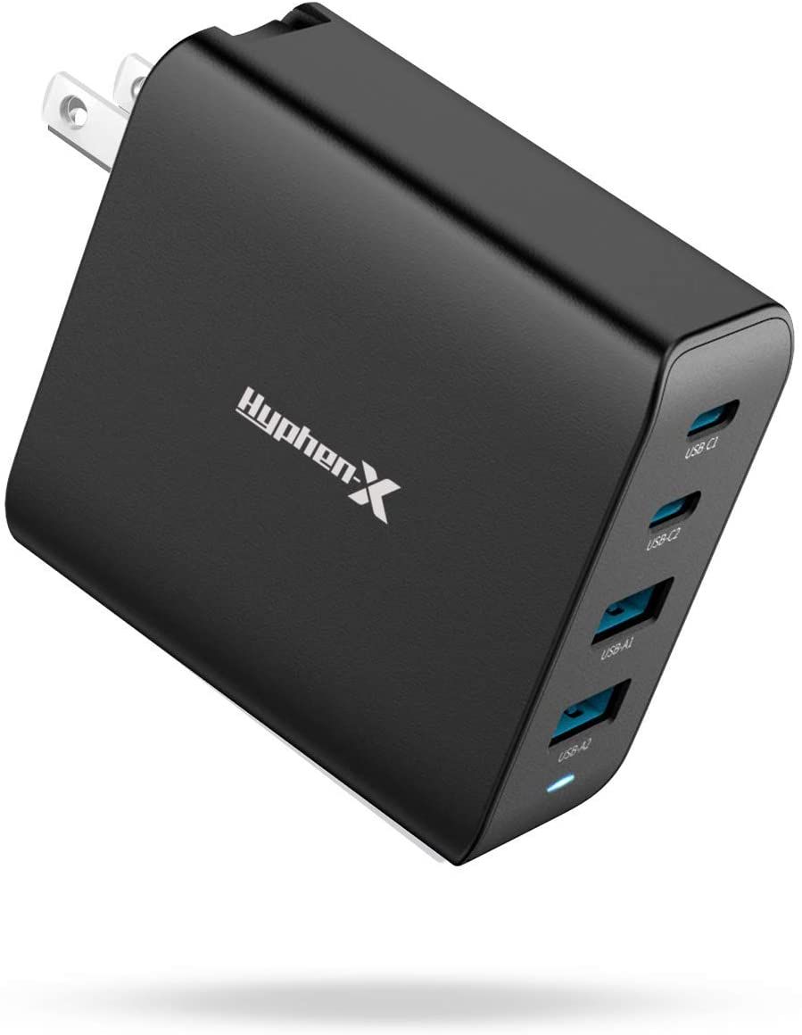 These Hyphen-X chargers have four USB ports for charging multiple devices with 100 watts of power split between its ports, which means charging will slow down if you plug in other devices.