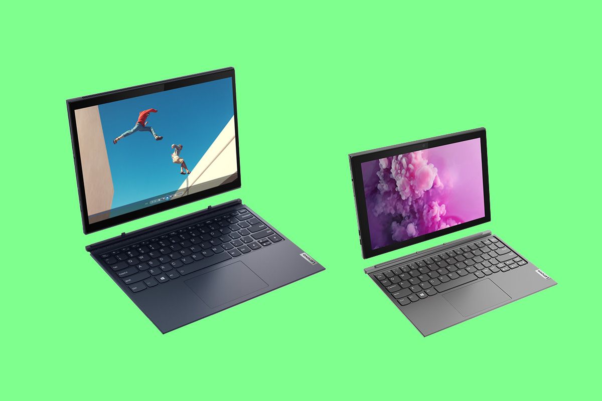 Lenovo Yoga Duet 7i and Lenovo IdeaPad Duet 3 on green background