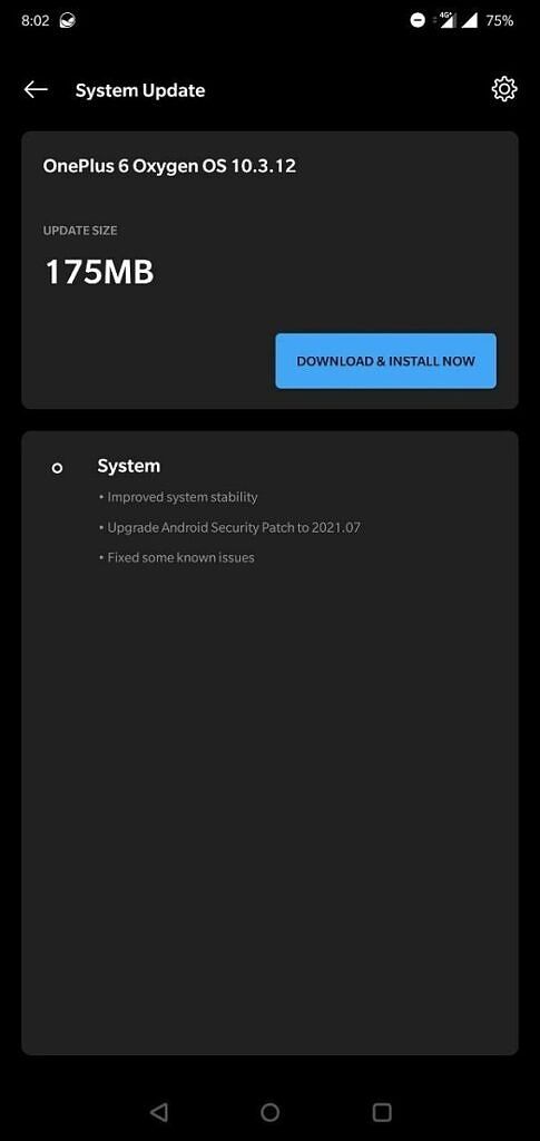 OxygenOS 10.3.12 update prompt on a OnePlus 6