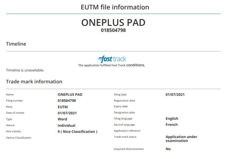 OnePlus Pad EUIPO trademark listing