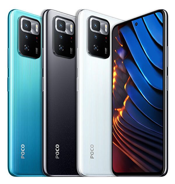 POCO X3 GT in all three colorways on white background