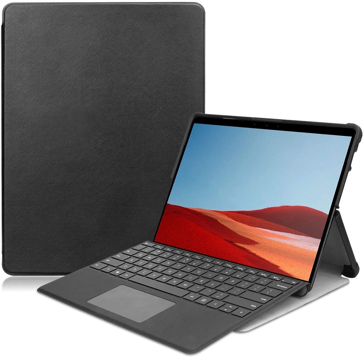 This folio-style case comes with a nice PU leather finish on the outside and a soft microfiber touch on the inside to keep your Surface Pro X safe. You can use it with the Type Cover, and it has cutouts for all the ports and cameras so everything works normally.