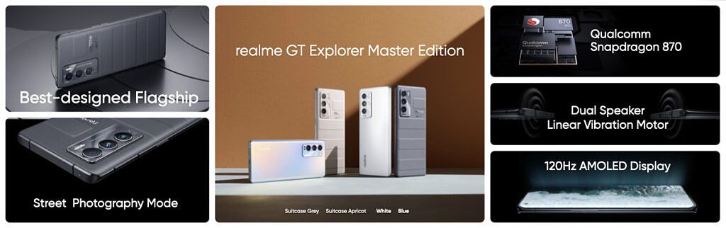 A slide showing various features of the Realme GT Master and Explorer phones at glance 