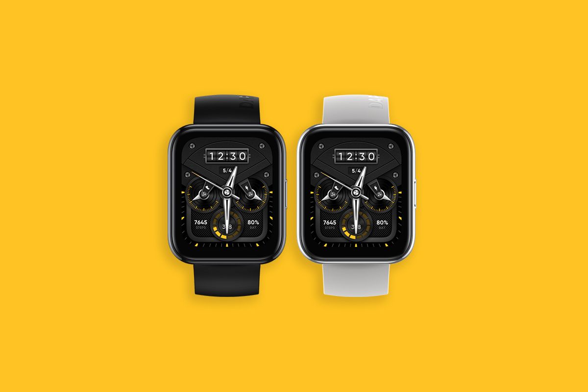 Realme Watch 2 Pro in black and white on yellow background