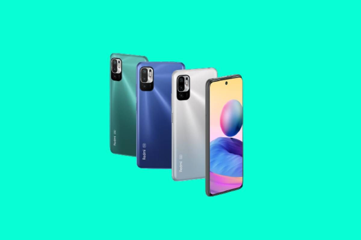 Redmi Note 10T series in three colors on a green background