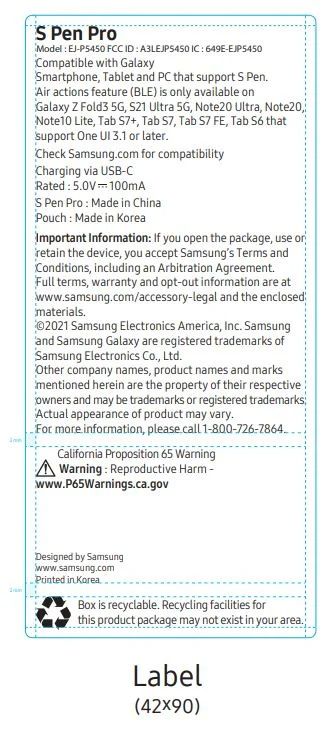 The FCC label for the S Pen Pro which says that it supports the Samsung Galaxy Z Fold 3