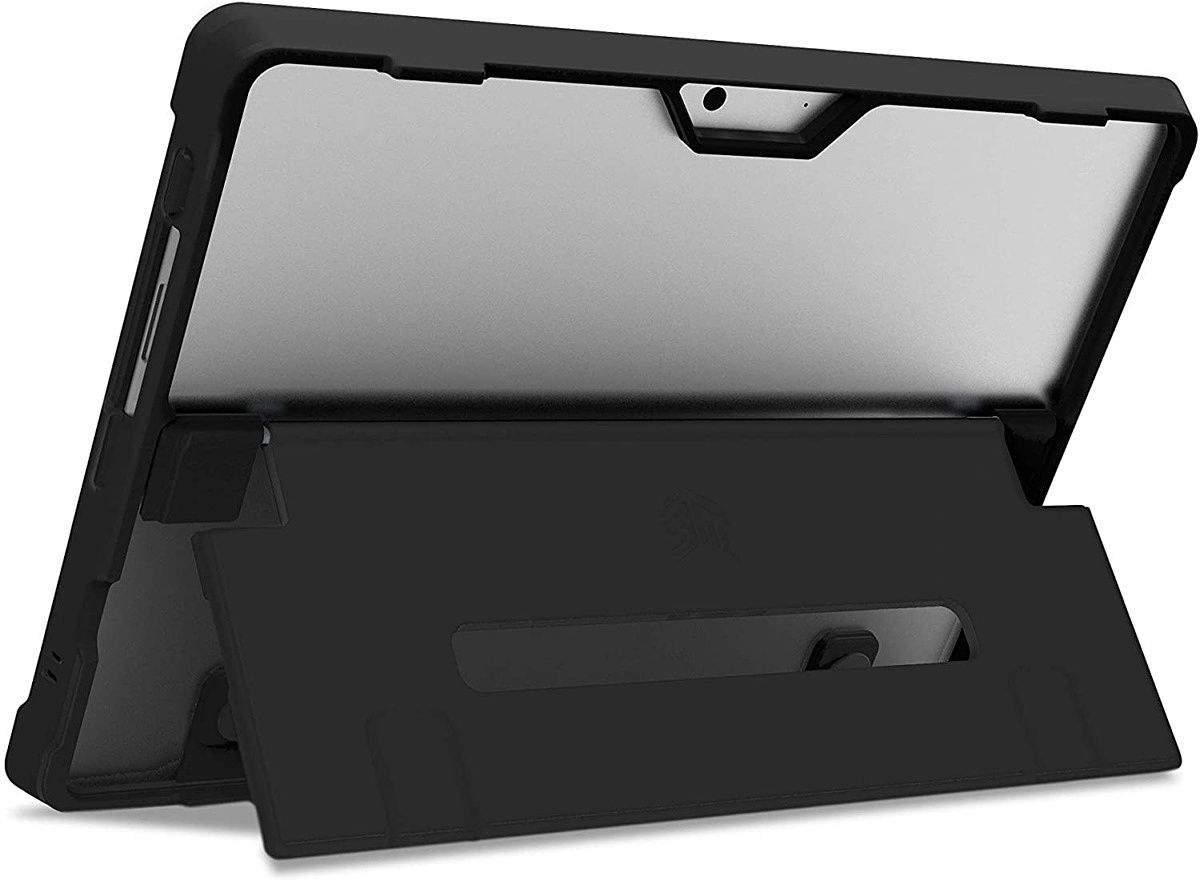 This case actually lets you use the Surface Pro X as a tablet, and it offers tough protection against drops. It has its own 180-degree hinge so you can still use it more like a laptop, and cutouts for all the ports you need. Plus it lets the tablet's design shine through somewhat.