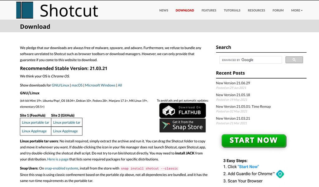 Shotcut Downloads page