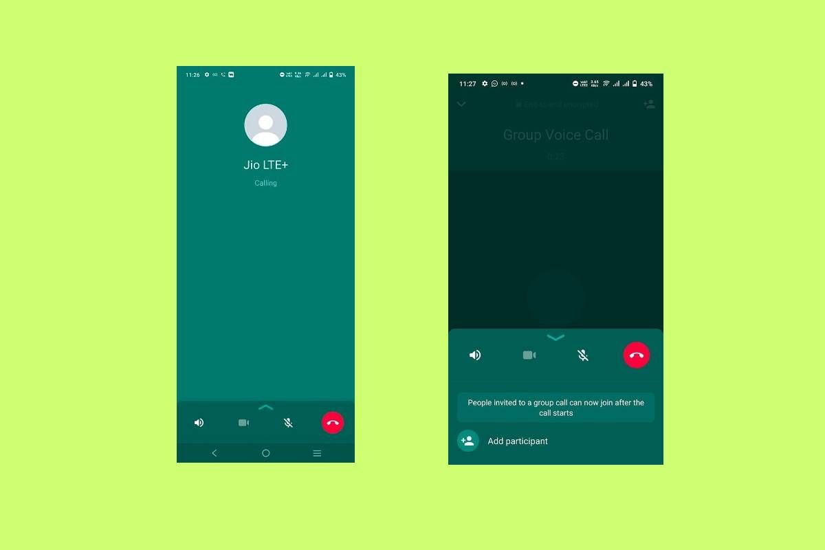 WhatsApp New calling UI shown on a solid green background