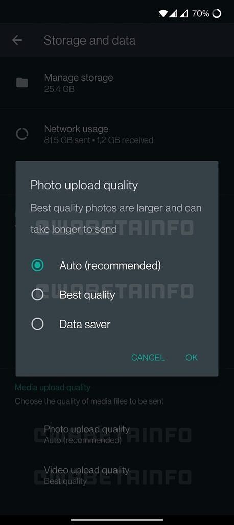 WhatsApp showing image quality options