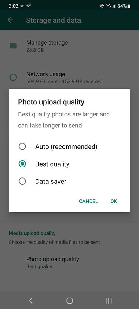 WhatsApp photo upload quality options