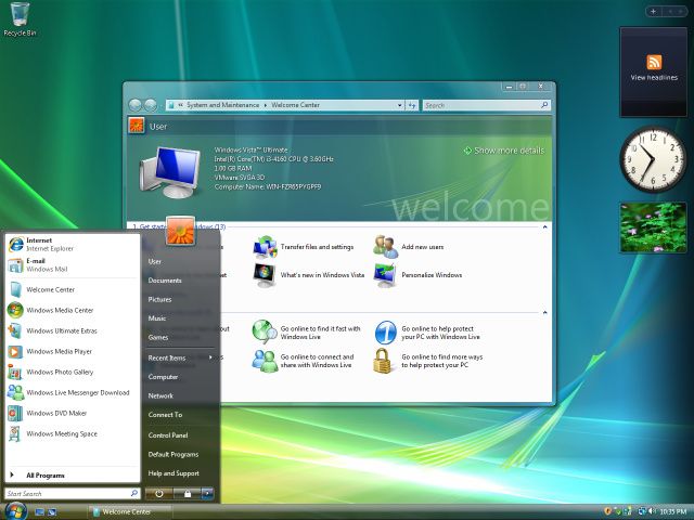Windows Vista desktop showing Start Menu and widgets