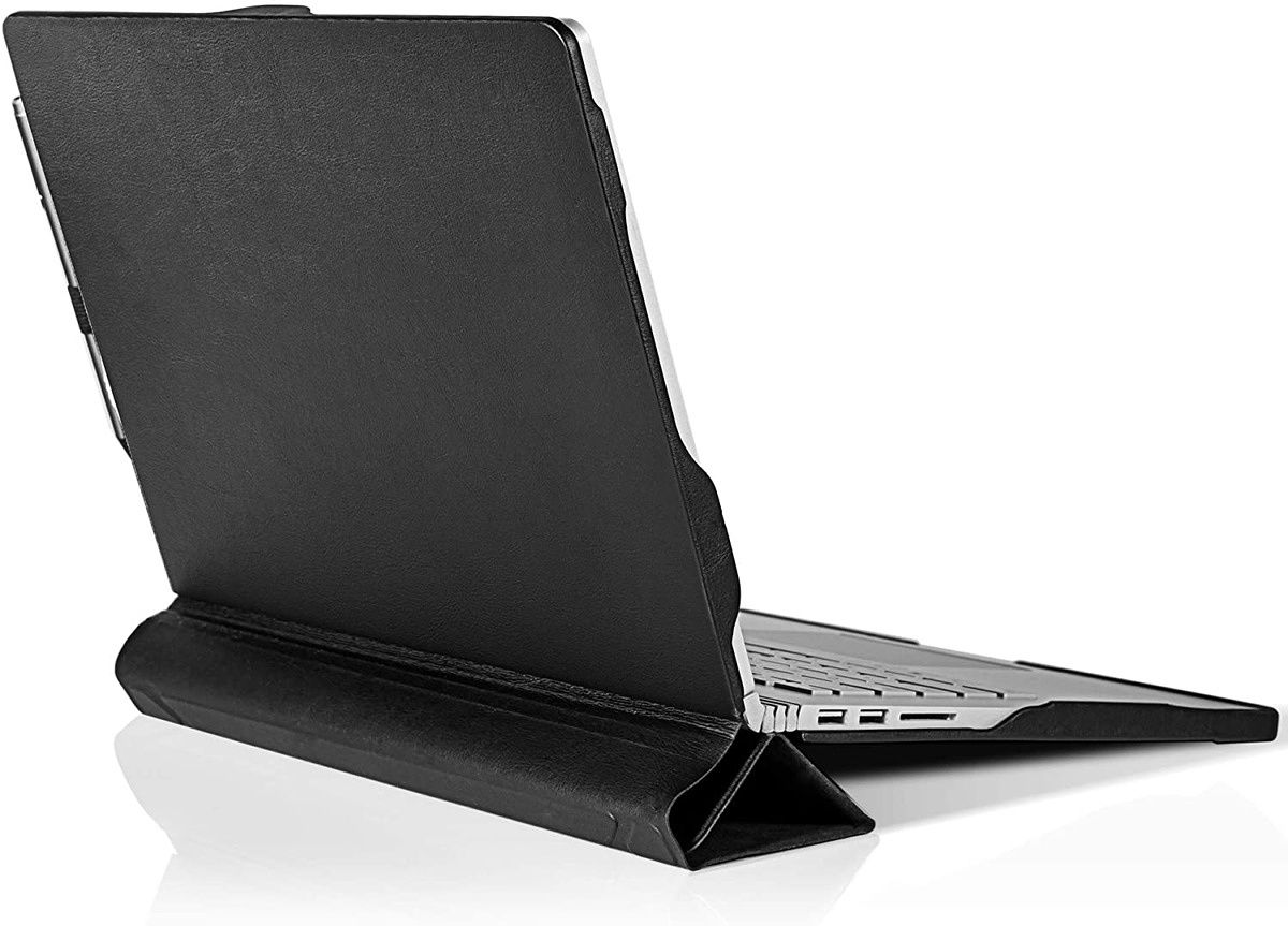 This is another PU leather folio case that can protect your Surface Book 3, and the tablet portion of the case comes with a foldable origami-style stand which can be useful to give elevation to the keyboard or be used as a kickstand for a tablet.