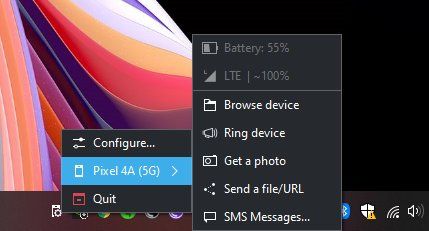 Icono de la bandeja del sistema de Windows 10 de KDE Connect