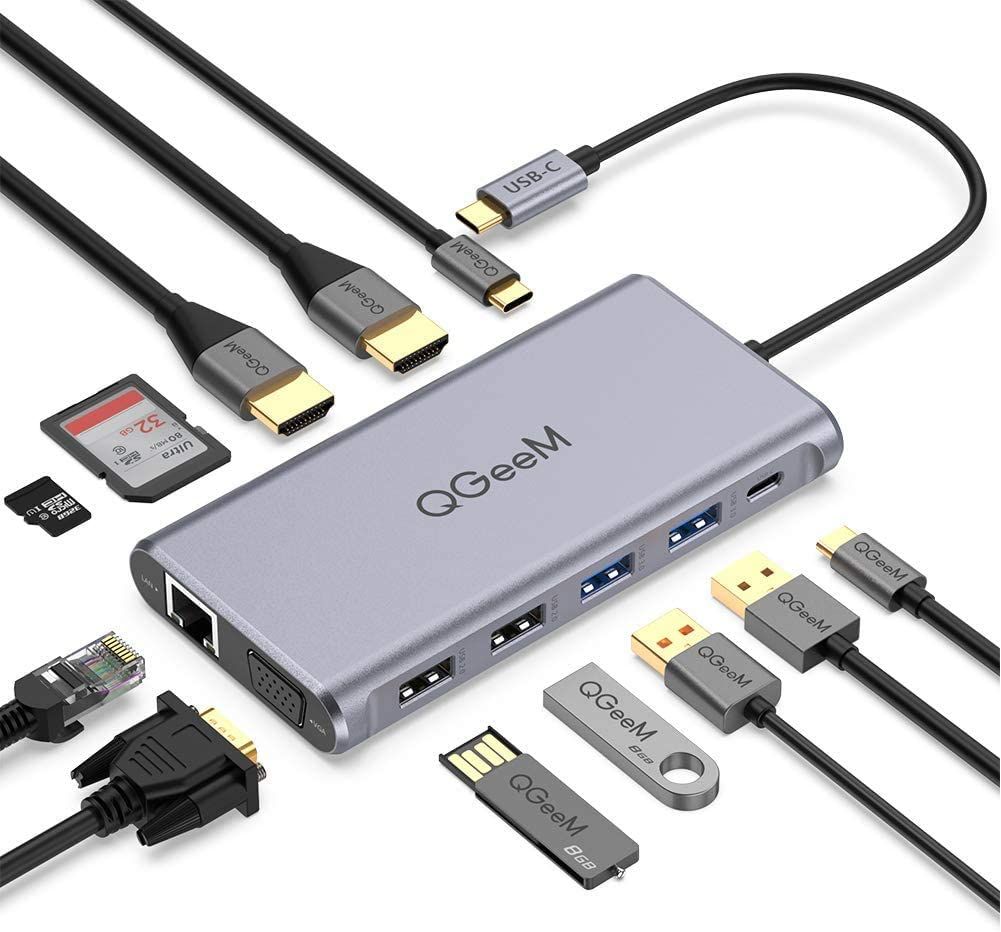 Need to travel without giving up ports? The QGeeM USB-C Hub is an incredibly robust option with a total of 12 ports you can connect wherever you are. It includes multiple USB ports, dual HDMI, Ethernet, and SD card readers.