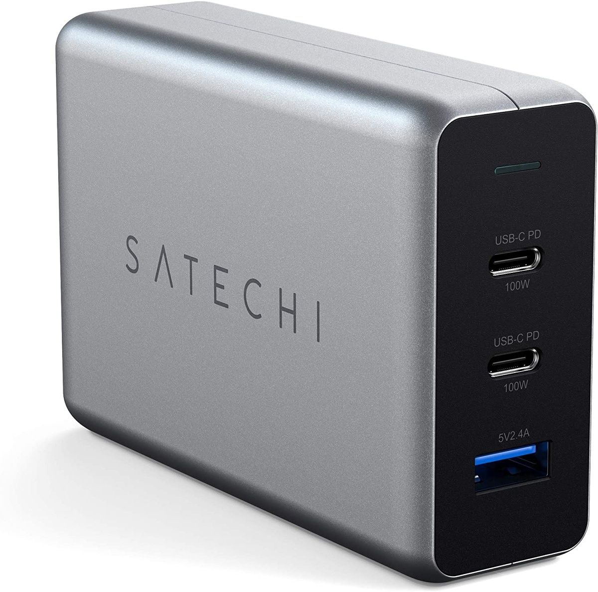 Satechi’s 100W USB PD charger comes with three ports -- two USB Type-C and one USB Type-A -- allowing to to charge up to three devices simultaneously. It uses GaN tech, resulting in a relatively compact body. While the USB Type-A port is capable of delivering up to 12W output, each of the Type-C ports can offer 100W charging when only one port is being used.