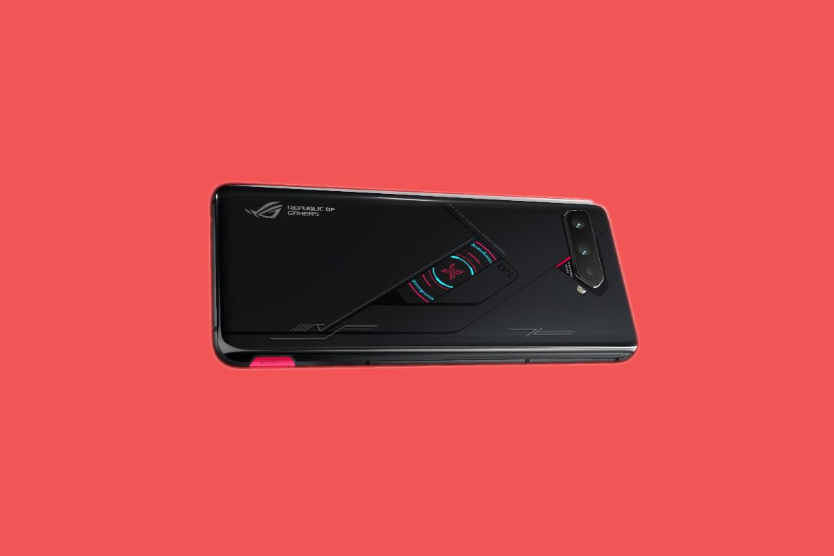 ASUS ROG Phone 5S on a red background