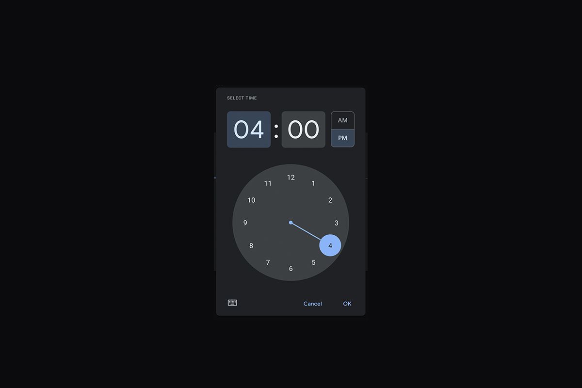 Android Material You time picker UI on dark gray background