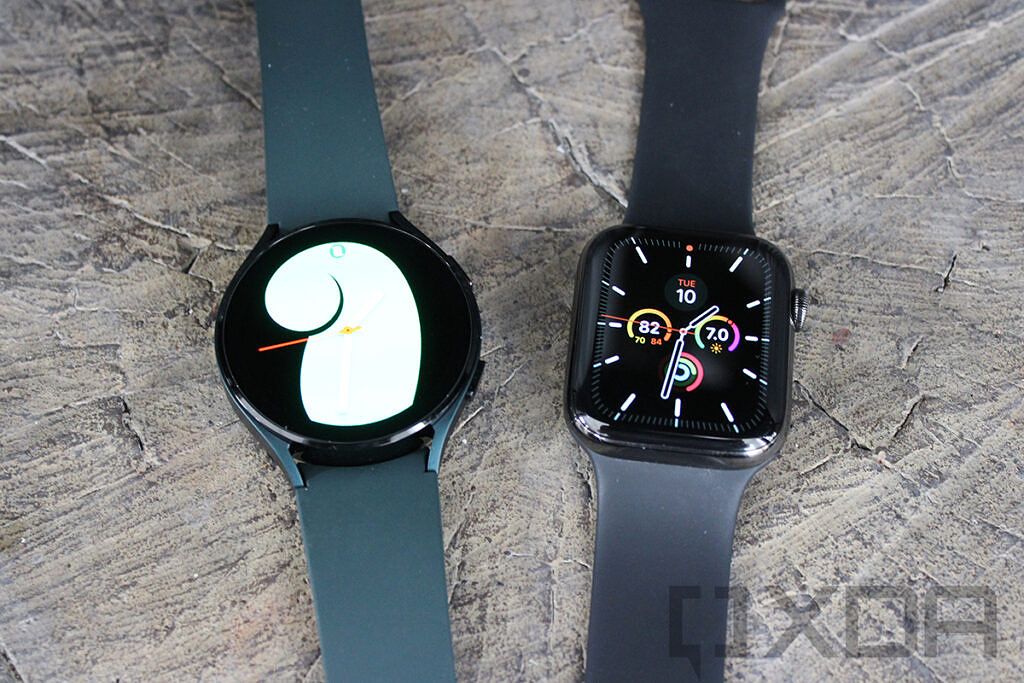 Top-down view of Apple Watch and Samsung Galaxy Watch 4