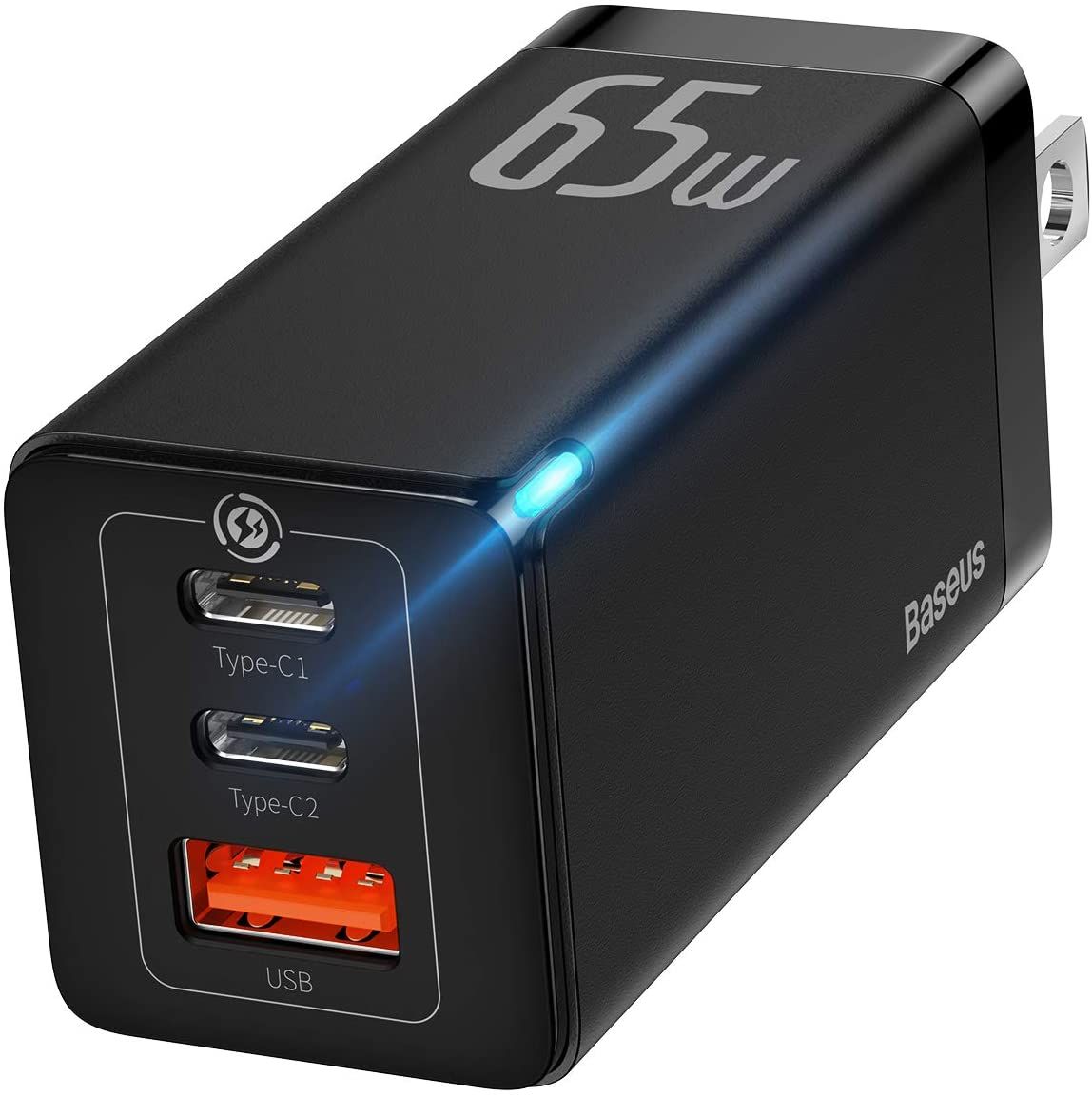 Wenn Sie mehrere Geräte gleichzeitig aufladen möchten, verfügt dieses Baseus-Ladegerät über drei Anschlüsse, einschließlich eines USB-Typ-A-Ausgangs für die Kompatibilität mit mehr Geräten.  Mit 65 W Leistung kann es Ihren Laptop, Ihr Telefon und Ihr Tablet problemlos aufladen.