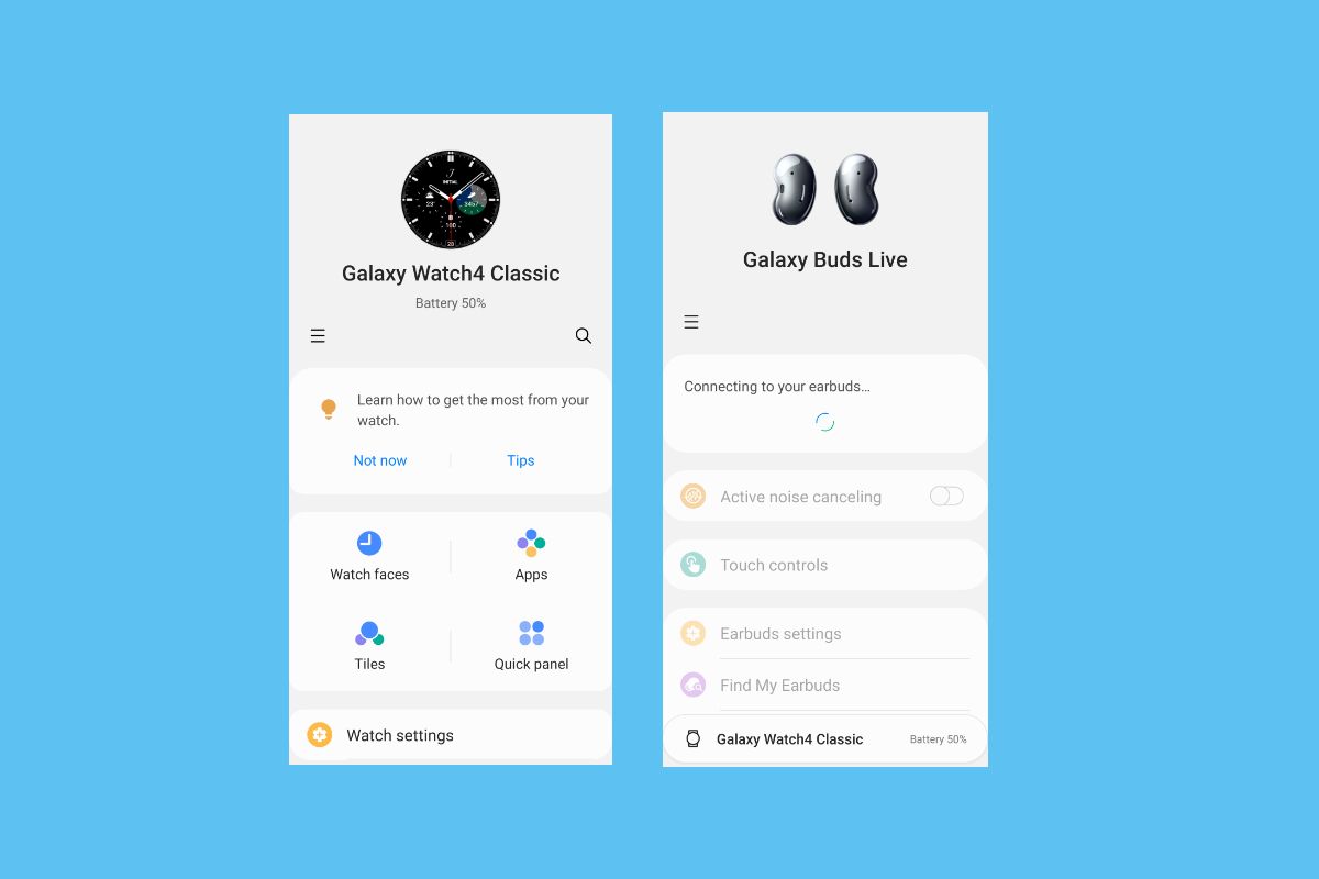 Galaxy Wearable app homescreen and device picker screen shown on a solid blue background