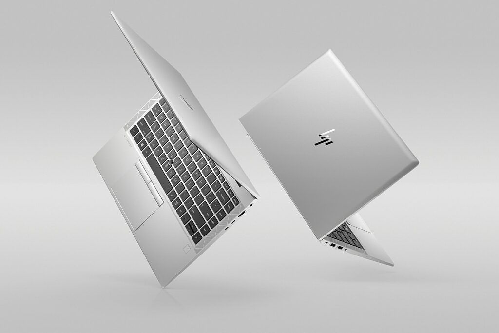 Two HP EliteBook 840 Aero G8 laptops with the lid partly open seen from the front and back
