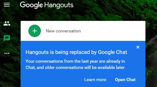 Hangouts web showing Switch to Google Chat prompt