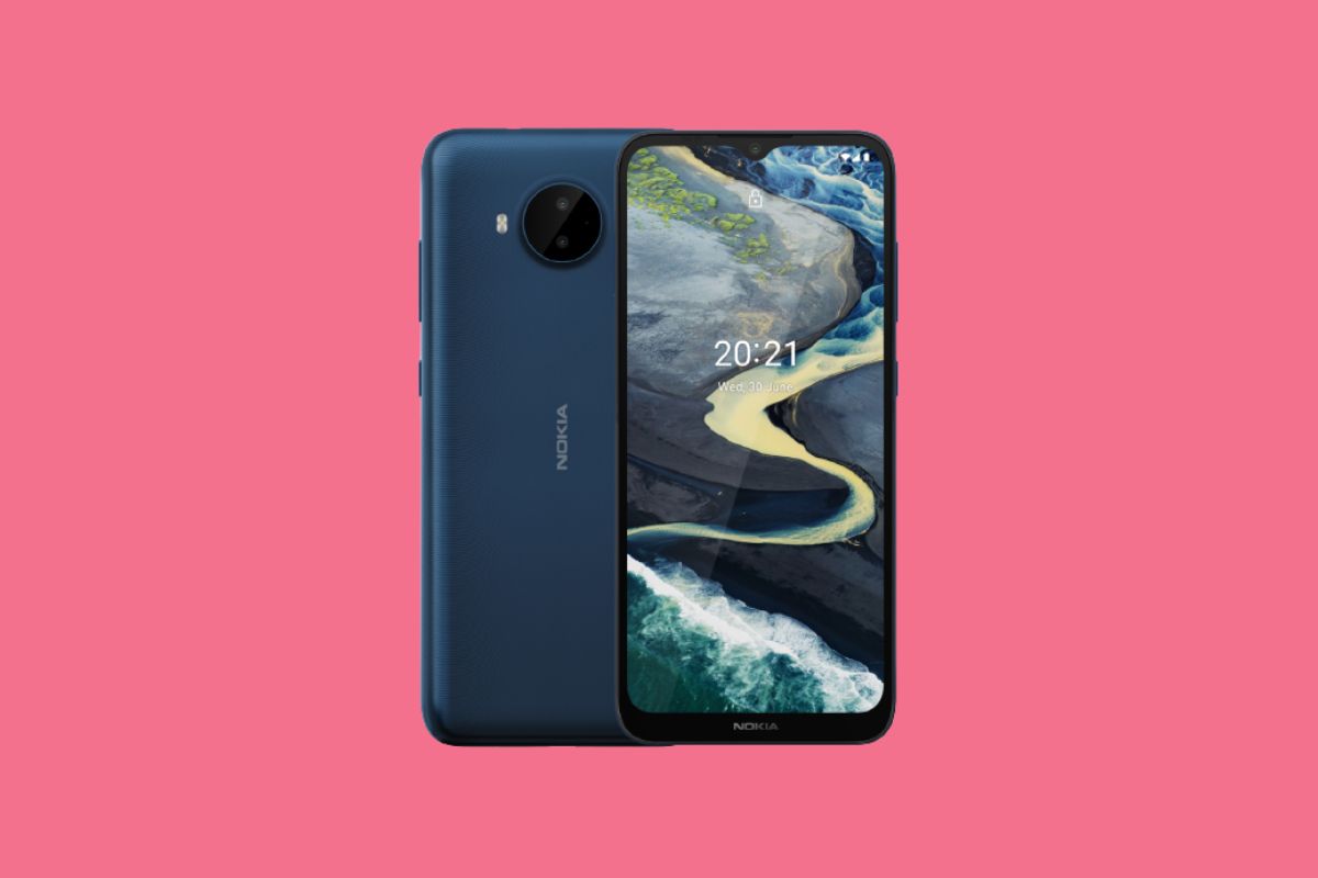 Nokia C20 Plus front and back shown on a solid pink background