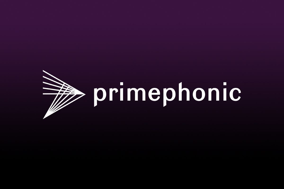 Primephonic logo on purple and black gradient background