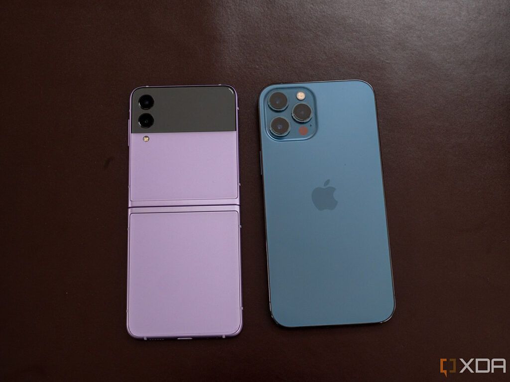 Samsung Galaxy Z Flip 3 and blue iPhone 12 Pro Max