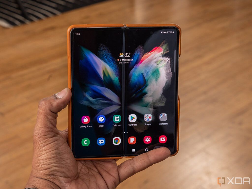 Samsung Galaxy Z Fold 3 with leather case on