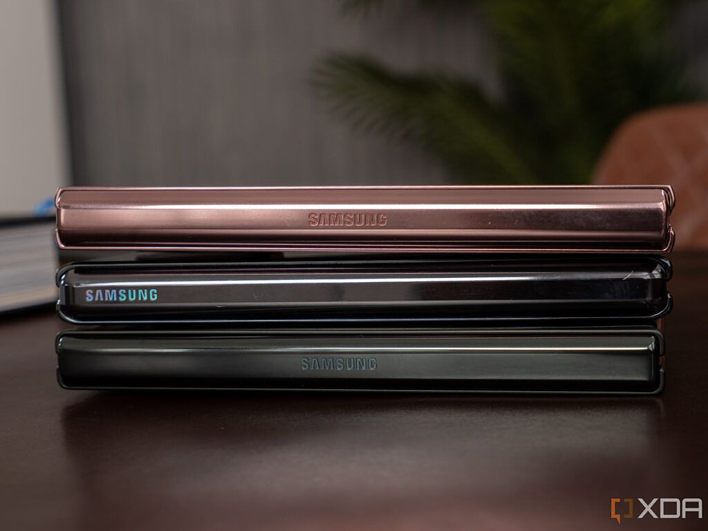 Three generations of the Samsung Galaxy Z Fold on top of each other