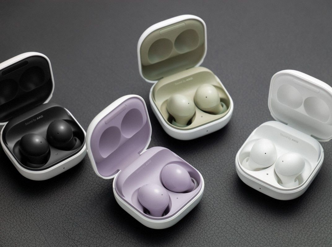 The Samsung Galaxy Buds 2 in Graphite Black, Lavender Purple, Olive Green, and White remained unboxed