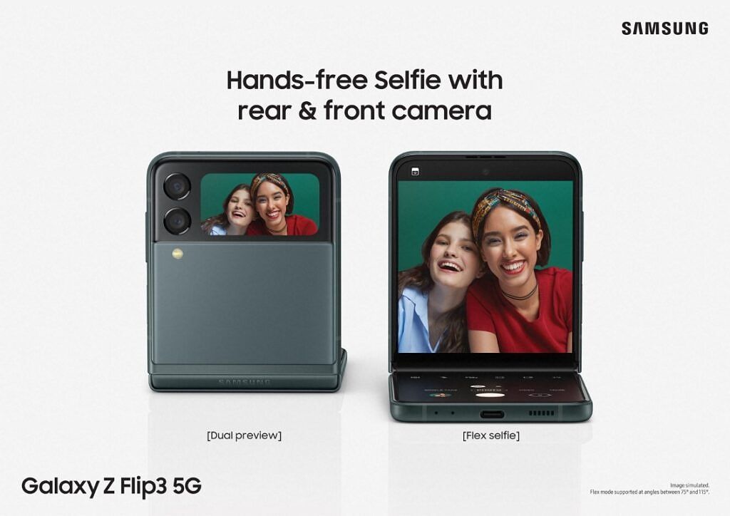 Samsung Galaxy Z Flip 3 showing hands free selfie