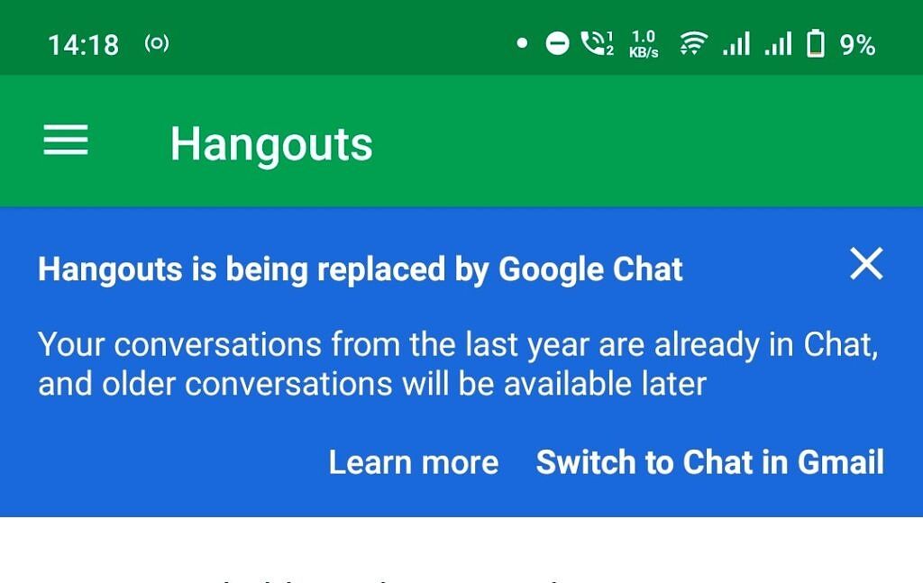 Switch to Google Chat prompt in Hangouts Android app