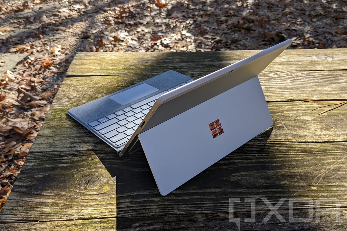 Rear angled view of Surface Pro X in Platinum