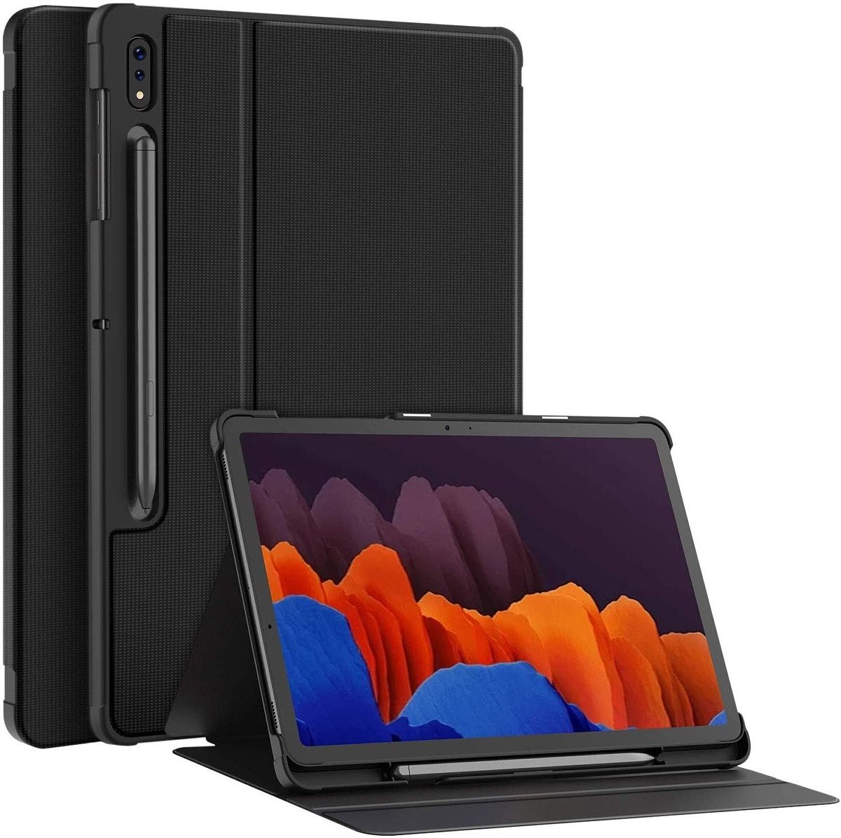 This is a premium looking folio case that covers the screen when closed. It can also act as a kickstand and has an S Pen holder built-in.