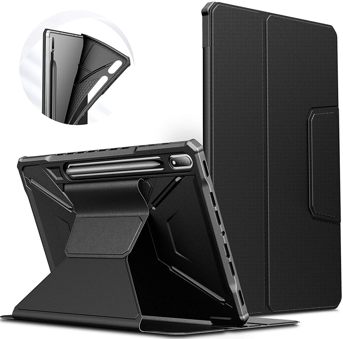 This is a shockproof case that also has a folio that can be used to prop-up the tablet at multiple different angles. Also has an S Pen holder.