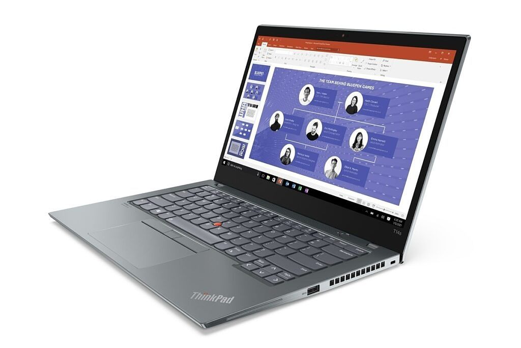 Lenovo ThinkPad T14s right angle view in Storm Grey