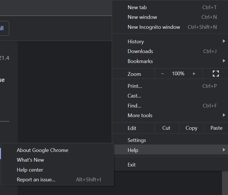 Chrome's context menu showing What's new page