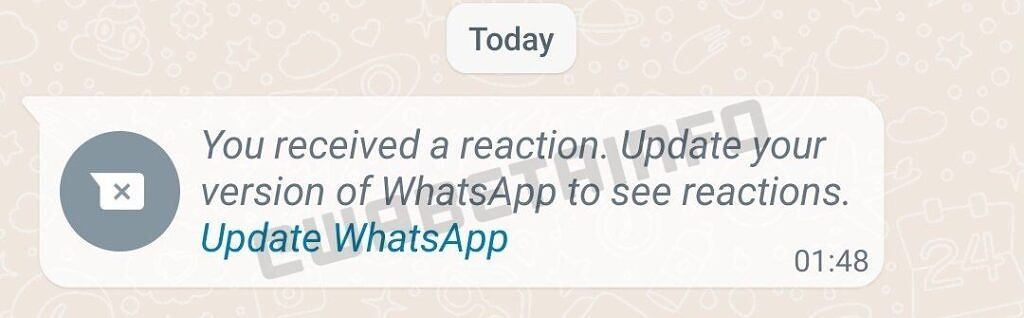 A text message in WhatsApp that reads &quot;You received a reaction: Update your version of WhatsApp to see reactions.&quot;